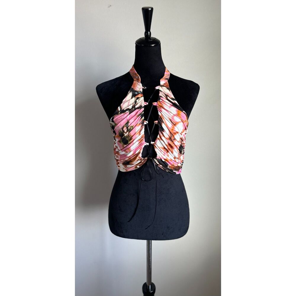 NWT H:OURS REVOLVE Women's Ignacia Crop Top in Pink Butterfly Lace Up Size M